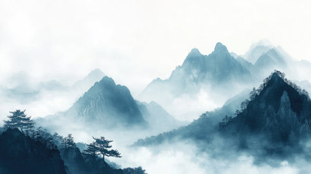 A serene scroll painting in traditional Asian style, featuring mist-shrouded mountains and peaceful valleys with minimalist color tonesの素材