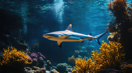 A vibrant reef shark swimming swiftly through the coral, its sleek body moving with precision.の素材