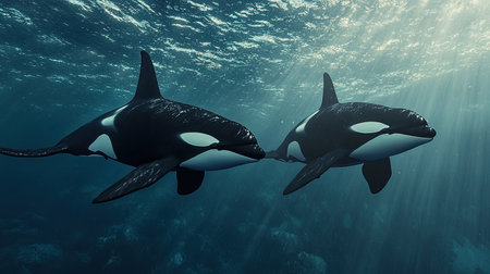A pair of orcas swimming side by side in the open ocean, their black and white markings standing out against the blue water.の素材