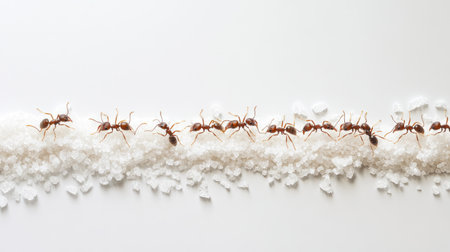 A line of ants working together to pass sugar crystals to one another in a perfectly coordinated manner, all against a clean white background. The image symbolizes unity and teamwork.の素材