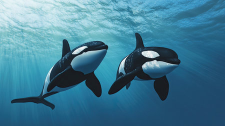 A pair of orcas swimming side by side in the open ocean, their black and white markings standing out against the blue water.の素材