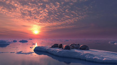 A group of walruses resting on an ice floe, with the ocean and a setting sun in the backgroundの素材