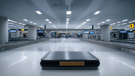 An empty baggage claim area in a modern airport, with conveyor belts and signage, evoking the quiet moments between flights.の素材