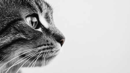 A close-up of a curious eyes and whiskers, with soft fur details and a plain white background to emphasize the features. The image is minimalistic, with no distractions.の素材