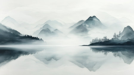 An elegant Asian scroll painting of misty mountains and calm waters, done in soft, minimal colors, conveying a sense of peace and natural beauty.の素材
