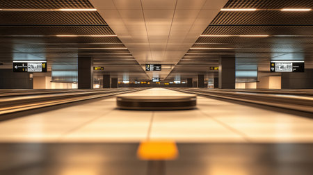 An empty baggage claim area in a modern airport, with conveyor belts and signage, evoking the quiet moments between flights.の素材