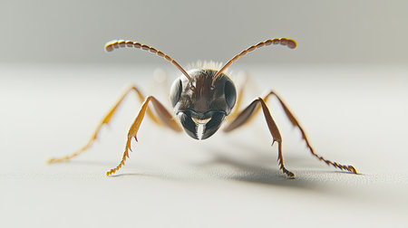 A close-up of a single ant on a white background, highlighting its detailed body structure and antennae. The simplicity of the scene draws attention to the tiny insect.の素材