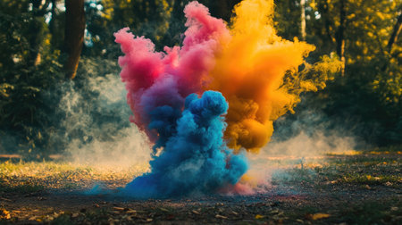 A vibrant smoke bomb exploding in bright colors, creating a cloud of smoke in a dynamic and visually captivating outdoor scene.の素材