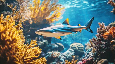 A vibrant reef shark swimming swiftly through the coral, its sleek body moving with precision.の素材