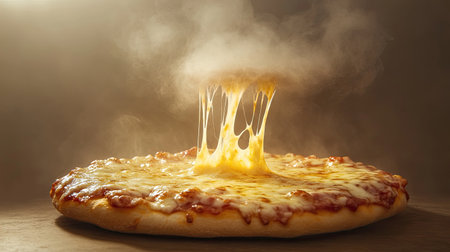 A delicious cheese pizza with gooey cheese floating in the air, fresh steam visible. The plain background allows for ample advertising space, emphasizing the appetizing appearance of the pizzaの素材