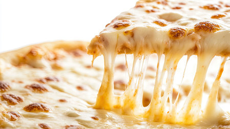 A close-up of a cheese pizza with melted cheese stretching and floating in mid-air, with visible steam to showcase its just-baked warmth. The white background offers clean advertising space.の素材