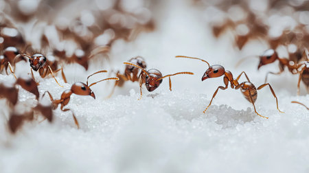 A close-up of ants carefully lifting and passing sugar grains in a straight line, with each ant perfectly in sync with the next. The background is a stark white, highlighting the precision of their teamwork.の素材