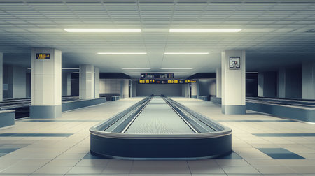 An empty baggage claim area in a modern airport, with conveyor belts and signage, evoking the quiet moments between flights.の素材