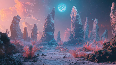 Alien world with surreal rock structures and fantastical alien species, set against glowing plants and a mysterious sky, in a clean, clear photo style.の素材