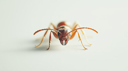 A close-up of a single ant on a white background, highlighting its detailed body structure and antennae. The simplicity of the scene draws attention to the tiny insect.の素材