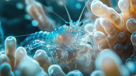 A close-up of a shrimp camouflaged among the coral, its transparent body blending in with the environment.の素材