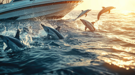 A group of playful dolphins swimming alongside a boat, creating splashes and waves in the ocean.の素材