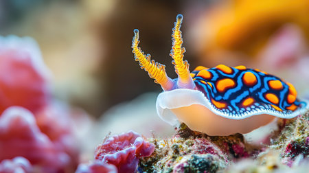 A close-up of a nudibranch, a colorful sea slug, crawling on a coral reef, showcasing its unique patterns.の素材