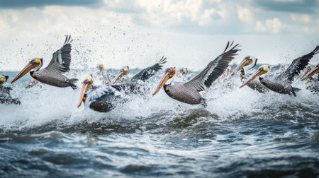 A flock of pelicans diving into the ocean to catch fish, their synchronized movements creating splashes in the water.の素材