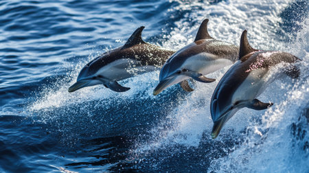 A group of playful dolphins swimming alongside a boat, creating splashes and waves in the ocean.の素材