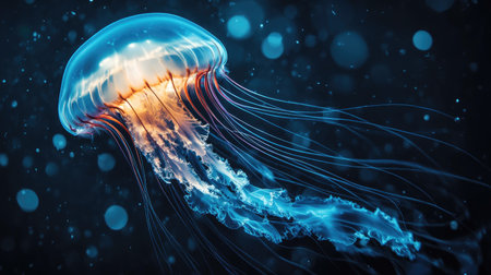 A jellyfish with glowing tentacles drifting through the dark ocean, creating a mesmerizing underwater scene.の素材