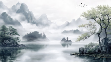 A minimalist Asian scroll painting with soft, misty mountain ranges and tranquil waters, capturing the peaceful essence of nature.の素材