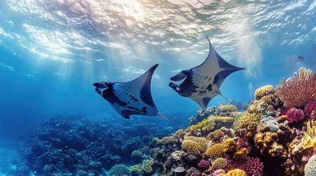 A pair of manta rays performing a synchronized swim above a coral reef, their large wings moving in harmony.の素材