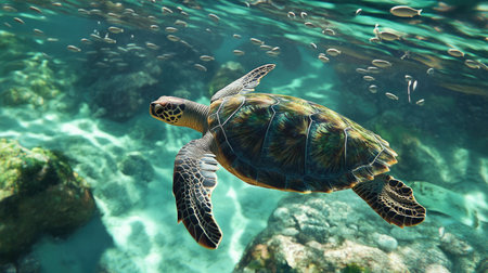 A sea turtle gliding peacefully through crystal-clear waters, surrounded by schools of small fish.の素材