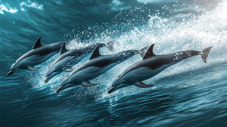 A pod of dolphins swimming at high speed through the ocean, creating a trail of bubbles behind them.の素材