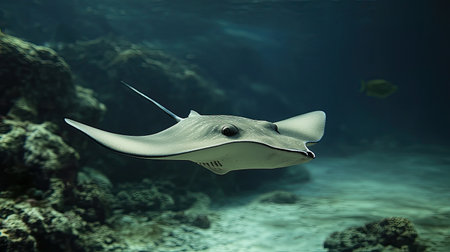 A stingray gliding just above the ocean floor, its flat body and long tail creating a smooth, flowing motion.の素材