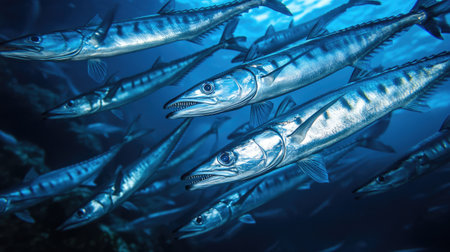 A school of barracudas swimming in formation, their sharp teeth and streamlined bodies ready for a hunt.の素材