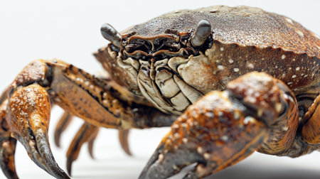 A close-up of a big, muscular crab on a white background, focusing on its strong claws and textured shell, with an emphasis on its rugged, powerful appearance.の素材