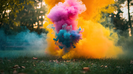 A vibrant smoke bomb exploding in bright colors, creating a cloud of smoke in a dynamic and visually captivating outdoor scene.の素材