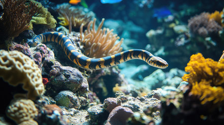 A sea snake slithering through a coral reef, its slender body weaving between the rocks and coral.の素材