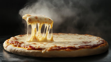 A delicious cheese pizza with gooey cheese floating in the air, fresh steam visible. The plain background allows for ample advertising space, emphasizing the appetizing appearance of the pizzaの素材