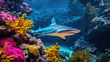 A vibrant reef shark swimming swiftly through the coral, its sleek body moving with precision.の素材