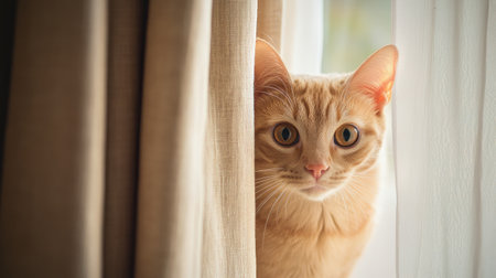 A cat peeking out from behind a curtain, with only its eyes and ears visible, creating a sense of curiosity and playfulness. The background is plain to keep the focus on the cat.の素材