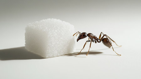 A close-up of an ant struggling to lift a sugar cube against a plain white background, highlighting the contrast between the tiny ant and the large sugar piece.の素材