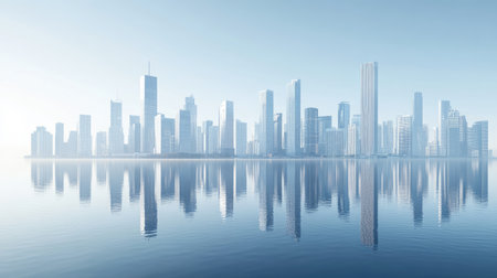 A panoramic view of a city with skyscrapers and smaller buildings along a wide river, their reflections creating a symmetrical effect in the water. The sky is clear and expansive.の素材