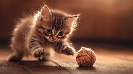 A playful kitten batting at a ball of yarn on a wooden floor, with its tiny claws and fur clearly visible. The warm tones of the background enhance the sceneの素材