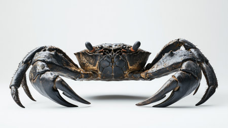 An isolated view of a large, muscular crab against a stark white background, showcasing its thick claws and robust body, ideal for highlighting its strength and dominance.の素材