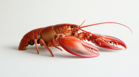 A single large lobster, positioned on a clean white background, showcasing its intricate shell patterns and distinctive red color, perfect for a minimalist seafood concept.の素材