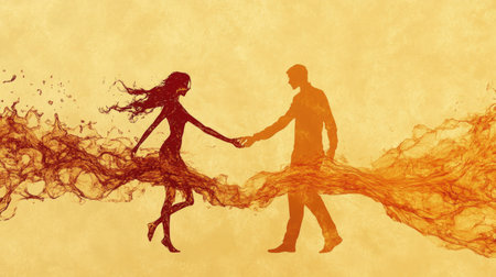An abstract image of a woman with a fiery silhouette holding hands with a man shaped like flowing water. This visual metaphorically represents the balance between impatience and calmness.の素材