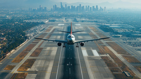A bird's-eye perspective of an airplane taking off from the runway, with the airport and surrounding cityscape visible below.の素材