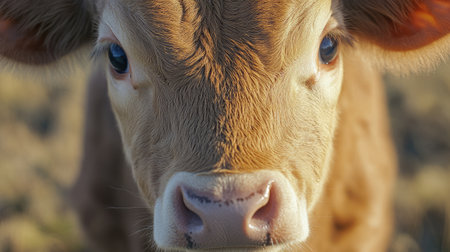 A detailed view of a calf soft nose and whiskers, with its big, curious eyes looking directly at the camera. The background is a gentle blur of pasture, emphasizing the animal's innocenceの素材