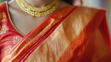 Cropped shot focusing on the elegant details of a red-orange sari worn by an Indian woman, accentuated by the glimmer of gold jewelry, showcasing cultural beauty.の素材