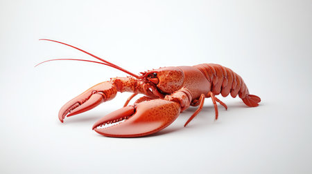 A single large lobster, positioned on a clean white background, showcasing its intricate shell patterns and distinctive red color, perfect for a minimalist seafood concept.の素材