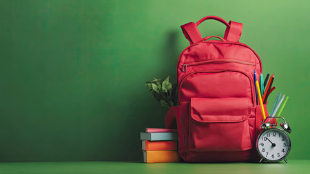 A bright red backpack packed with school essentials and an alarm clock, set against a green background, ideal for back-to-school promotions with space for text.の素材