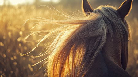 A close-up of a horse's mane, gently blowing in the wind, with the fine strands and textures highlighted against a blurred background of a sunny field. The scene is natural and people-free.の素材