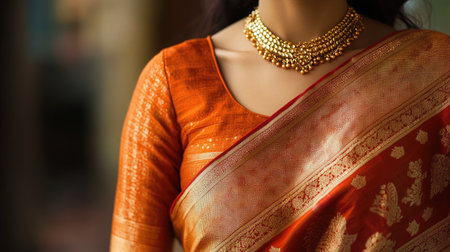 Cropped shot focusing on the elegant details of a red-orange sari worn by an Indian woman, accentuated by the glimmer of gold jewelry, showcasing cultural beauty.の素材